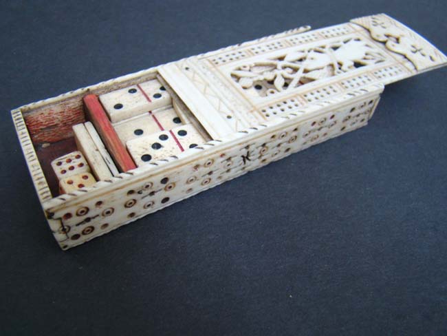A Charming Napoleonic period Prisoner of War carved bone Domino Box circa 1800